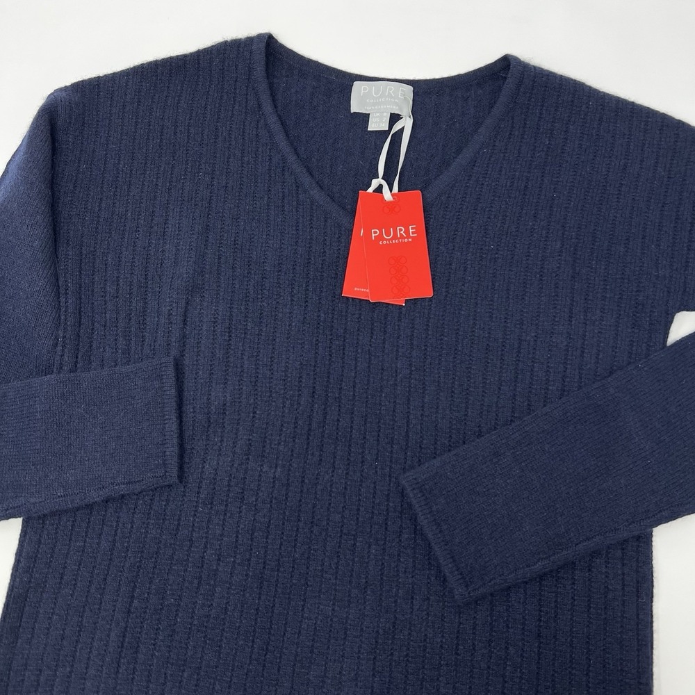 Pure Collection Cashmere Gassato Textured Sweater Womens Size 2‎ Blue V-Neck NWT